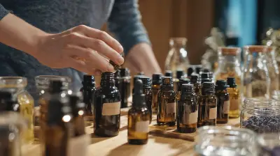 Amber glass bottles for beauty products Person organizing amber essential oil bottles and perfumery materials for beauty products